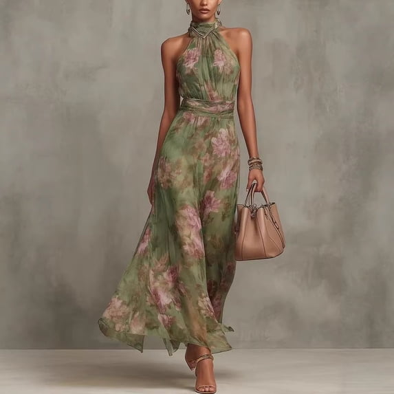QUNYINEY Floral Womens Dresses Casual Sleeveless A Line Chiffon Long Sundress Flowy Summer Slim Fit Halter Dresses