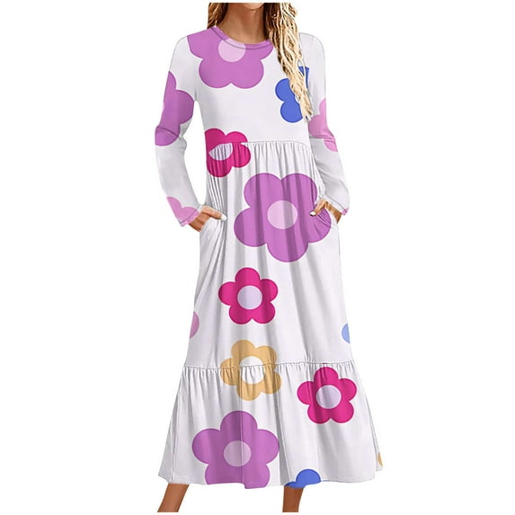 QUNYINEY Floral Womens Dresses Long Sleeve Casual A-Line Dress Empire Waist Flowy Crew Neck Maxi Dresses
