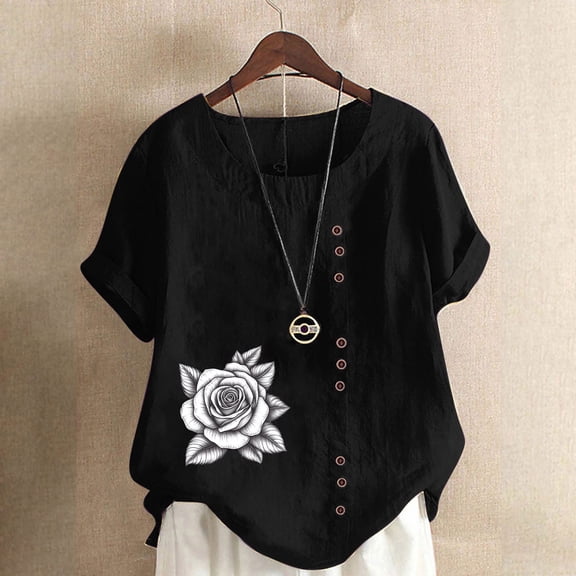 QUNYINEY Floral Womens Shirts Casual Crew Neck Pullover Short Sleeve Tops Loose Button Linen Womens Summer Tops