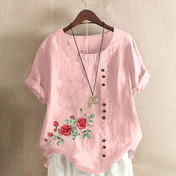 QUNYINEY Floral Womens Shirts Crew Neck Casual Short Sleeve Pullover Tops Loose Button Linen Spring Tops for Women
