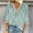 thumbnail image 1 of QUNYINEY Floral Womens Shirts V-Neck Green 3/4 Sleeve Casual Tops Drop Shoulder Pullover Lace Loose T-Shirts, 1 of 4