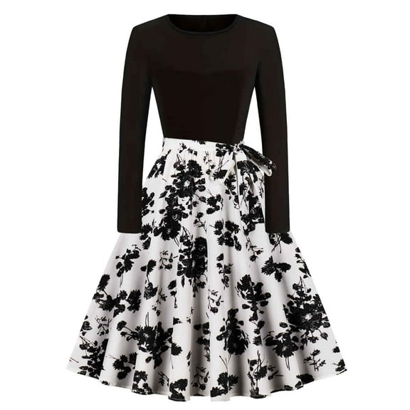 QUNYINEY Floral Womens Spring Dresses Long Sleeve Casual A-Line Dress Tie Front Crew Neck Flowy Midi Dresses