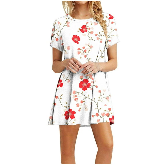 QUNYINEY Floral Womens Spring Dresses Short Sleeve Casual A-Line Dress Flowy Crew Neck Mini Sundress