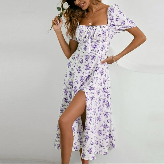 QUNYINEY Floral Womens Summer Dresses Casual Short Sleeve A-Line Dress Square Neck Drawstring Split Hem Maxi Sundress