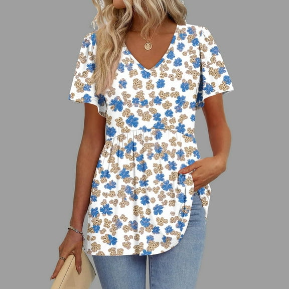 QUNYINEY Floral Womens Summer Tops Casual V Neck Short Sleeve Shirts Peplum Loose Tops