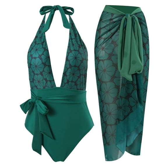 QUNYINEY Floral Womens Swimsuits Tie Back V Neck Bathing Suit Tummy Control Two Piece Swimsuit Sets