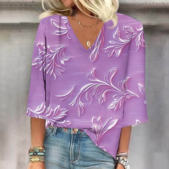 QUNYINEY Floral Womens T Shirts V Neck Short Sleeve Tops Loose Summer Pullover Graphic Tees