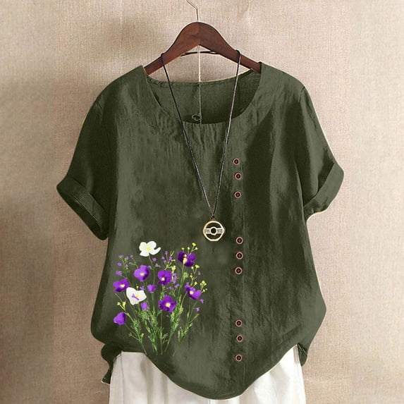 QUNYINEY Floral Womens Tshirts Crew Neck Short Sleeve Casual Tops Loose Cotton Linen Pullover Button Shirts