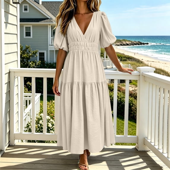 QUNYINEY Flowy Dresses Women Long Casual Summer Puff Short Sleeve A Line Dress Vacation Loose Fit Pleated Solid V Neck Dresses