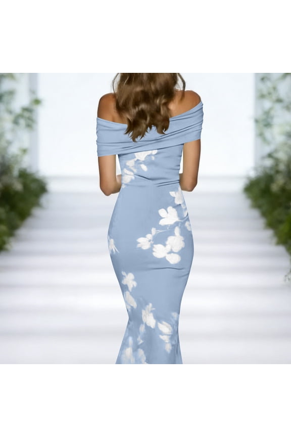 Formal Cocktail Classy Dresses for Women Off The Shoulder Long Floral Short Sleeve Dresses Slim Fit Bodycon Summer Dresses