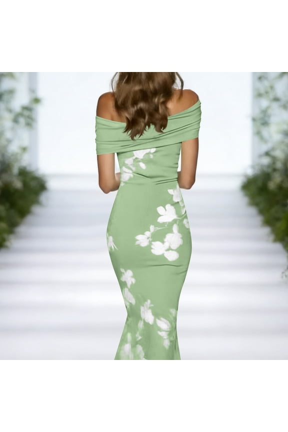 Formal Cocktail Dresses for Women Evening Party Floral Long Short Sleeve Off The Shoulder Dresses Bodycon Summer Slim Fit Dresses