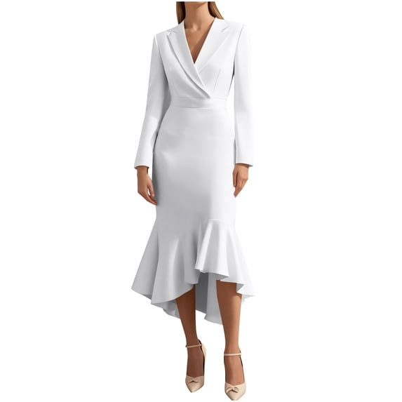 QUNYINEY Formal Cocktail Dresses for Women Wedding Guest Long Sleeve Solid Bodycon Work Midi Dresses Ruffle Business V-Neck Slim Fit Dresses