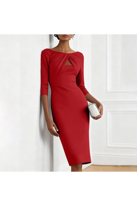 Formal Cocktail Dresses for Women Wedding Guest Red 3/4 Sleeve Prom Bodycon Dresses Crew Neck Business Slim Fit Cut Out Midi Dresses