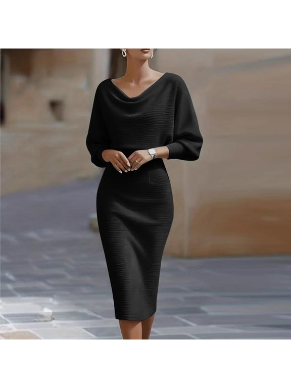 Formal Cocktail Dresses for Women Work Black Long Sleeve Bodycon Dresses Crew Neck Elegant Slim Fit Vintage Midi Dresses