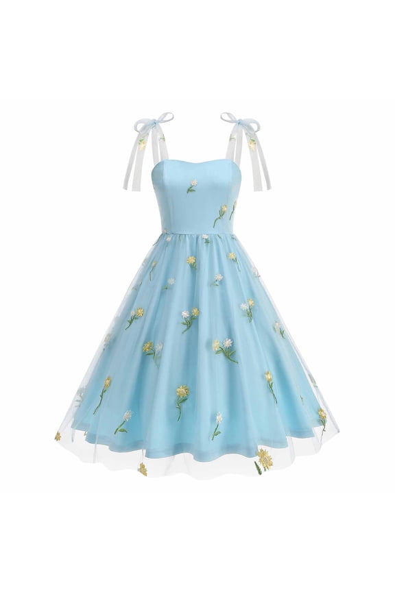 Formal Sundresses for Women 2026 Sleeveless Summer A Line Floral Midi Dresses Square Neckline Embroidered Flowy Loose Fit Slip Dress
