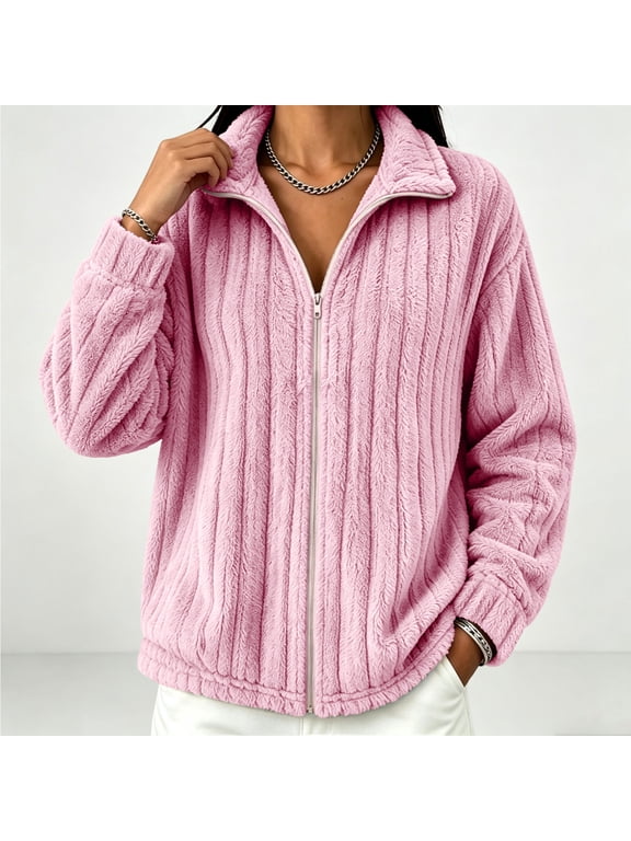 Full Zip Fleece Jacket Women Lightweight without Hood Double Sided Fleece Outerwear Jackets Long Sleeve Winter Stand Colla Solid Color Coats