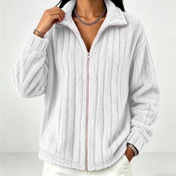 QUNYINEY Full-Zip Fleece Jackets for Women Plus Size without Hood White Lightweight Outerwear Jackets Winter Double Sided Fleece Long Sleeve Stand Colla Coats