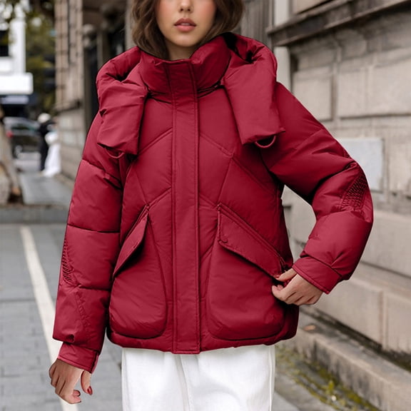 QUNYINEY Full Zip Puffer Jackets for Women Trendy Hooded Red Outerwear with Pockets Long Sleeve Loose Fit Women's Winter Coats