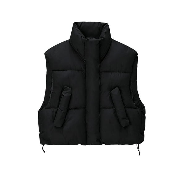 QUNYINEY Full Zip Puffer Vests for Women 2025 Trendy Black Lightweight Short Outerwear Loose Fit Stand Collar Sleeveless with Pockets Womens Winter Jacket