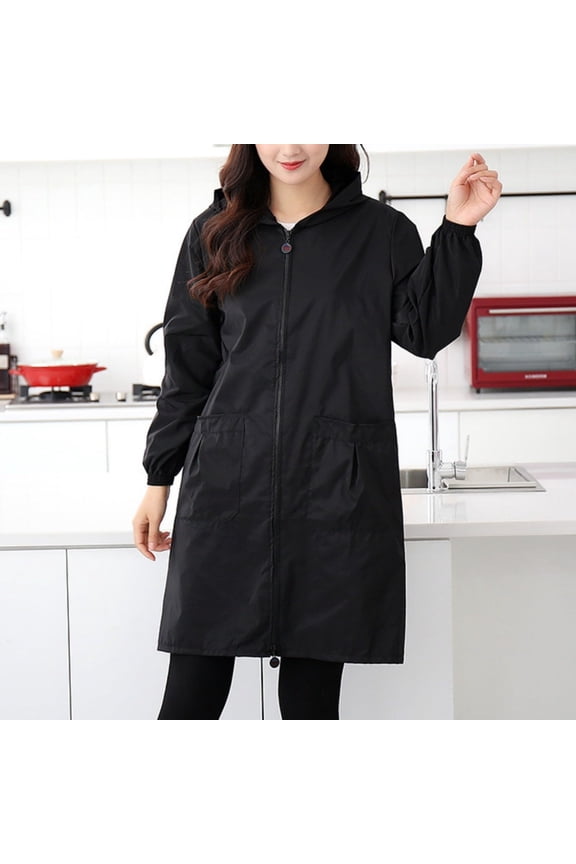 Full Zip Womens Rain Coat Mid-Length Black Hooded Oversized Overcoat Outdoor Loose Fit Waterproof Long Sleeve Jacket for Women