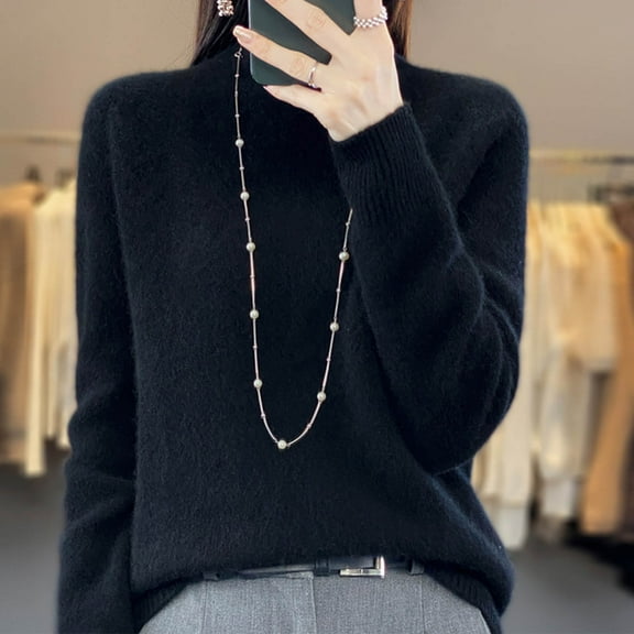 QUNYINEY Fuzzy Knit Sweaters for Women 2024 Black Pullover Solid Mock Neck Tops Casual Loose Long Sleeve Sweaters