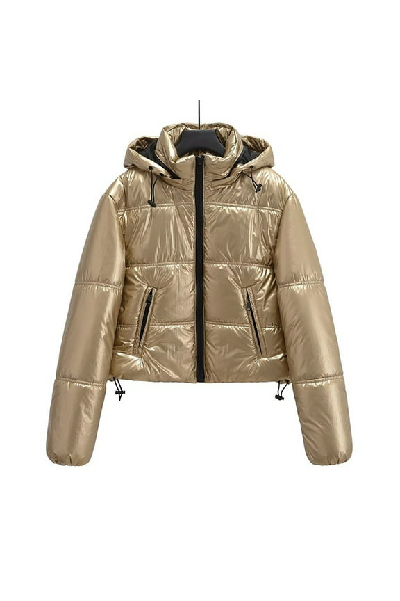 Gold Jacket for Women Solid Puffer Casual Zip Up Mid Weight Long Sleeve Slim with Pocket Short with Pocket Hooded Jacket