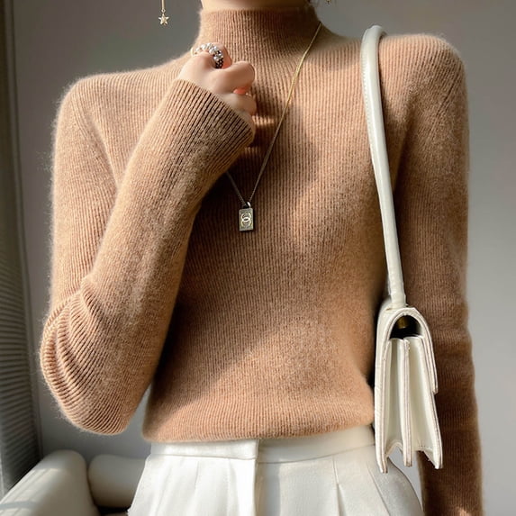 QUNYINEY Gold Women Sweater Turtleneck Pullover Ribbed Knit Solid Tops Long Sleeve Relaxed Fit Casual Sweaters