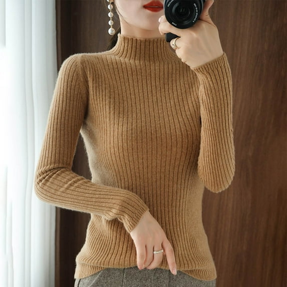 QUNYINEY Gold Women's Sweater Mock Neck Ribbed Knit Solid Pullover Tops Regular Casual Long Sleeve Sweaters