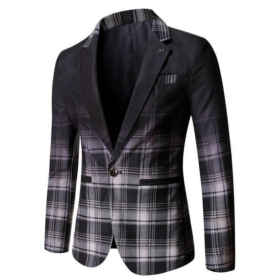 QUNYINEY Gradient Mens Jacket White Long Sleeve Blazer Sport Coat Plaid One Button Slim Outerwear Jackets