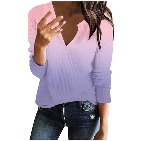 QUNYINEY Gradient Shirts for Women Casual Long Sleeve V-Neck Pink Tops Drop Shoulder Pullover Loose Waffle T-Shirts