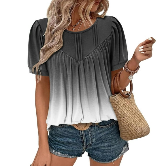 QUNYINEY Gradient Summer Shirts for Women Casual Puff Short Sleeve Crew Neck Tops Pleated Pullover Loose Shirts