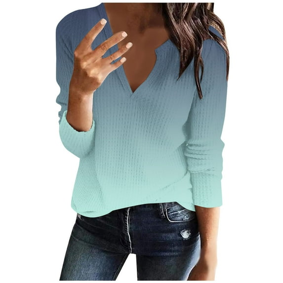 QUNYINEY Gradient T Shirts for Women Green Long Sleeve Casual V-Neck Tops Pullover Waffle Drop Shoulder Loose T-Shirts