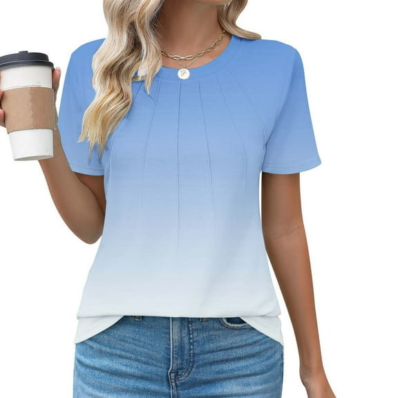 QUNYINEY Gradient Tops for Women Crew Neck Casual Blue Short Sleeve Shirts Loose Pleated Shirts for Women Trendy