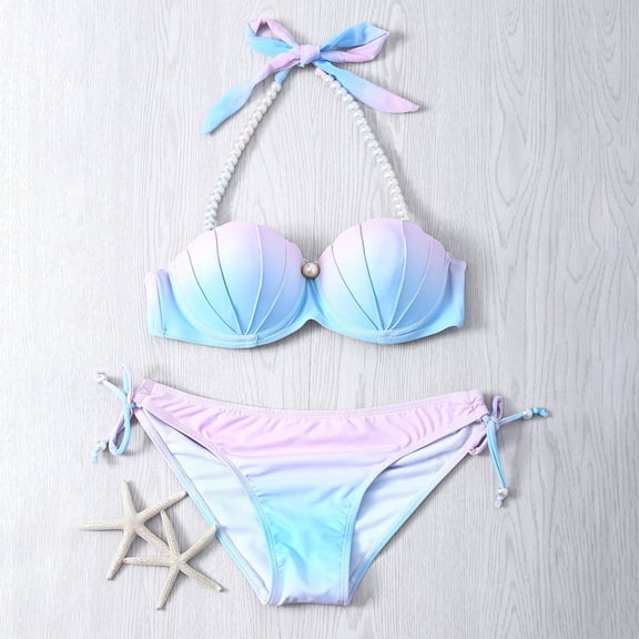 QUNYINEY Gradient Women Swimsuits Bikinis Spaghetti Straps Bathing Suit Two Piece High Waisted Swimsuit Sets