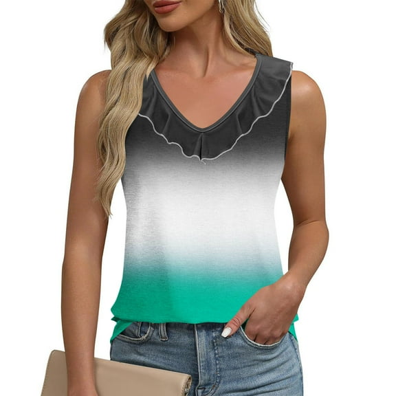 QUNYINEY Gradient Womens Tank Tops Camisole Sleeveless Casual V Neck Shirts Ruffle Summer Loose Tank Tops