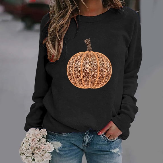 QUNYINEY Graphic Women's Sweatshirt Pumpkin Crew Neck Halloween Pullover Tops Casual Long Sleeve Loose Fit Fall Sweatshirts