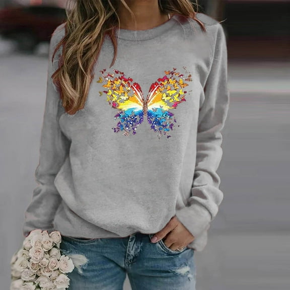 QUNYINEY Gray Sweatshirts Women Long Sleeve Crew Neck Butterfly Casual Tops Drop Shoulder Pullover Loose Sweatshirts