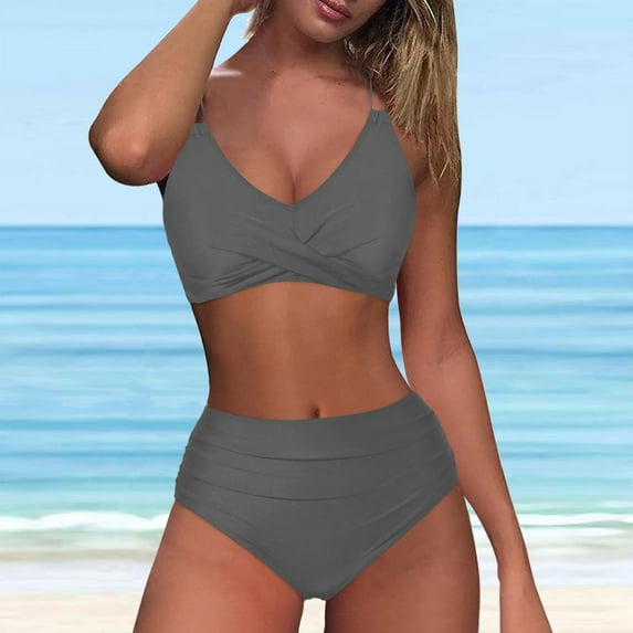 QUNYINEY Gray Swimsuits for Women Bikini Two Piece Bathing Suit High Waisted Swimsuit Sets