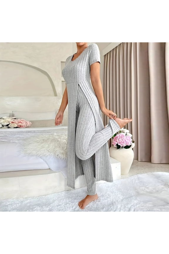 Gray Women Pajama Sets Soft Short Sleeve Textured 2 Piece Shirts And Pants Crew Neck Side Slits Softies Loungewear Set for Women