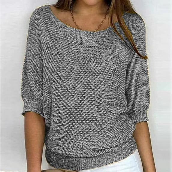 QUNYINEY Gray Womens Fall Sweaters Pullover Solid Crew Neck Knit Tops 3/4 Sleeve Casual Loose Lightweight Sweaters