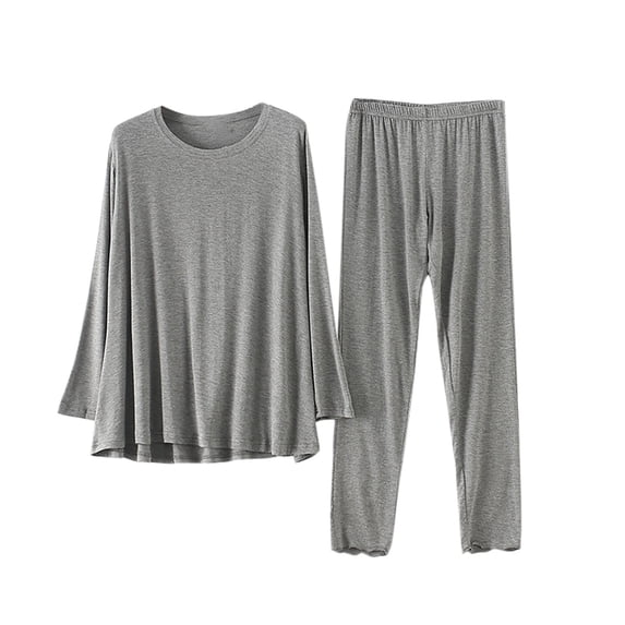 QUNYINEY Gray Womens Pajamas Set 2 Piece Solid Soft Long Sleeve Sleepwear and Long Pants Round Neck Pjs Sets for Women