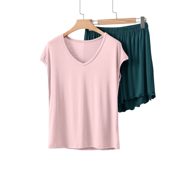 QUNYINEY Green Pajama Sets for Women Modal Short Sleeve 2 Piece Soft Top And Shorts V Neck Casual Loungewear Sets Woman