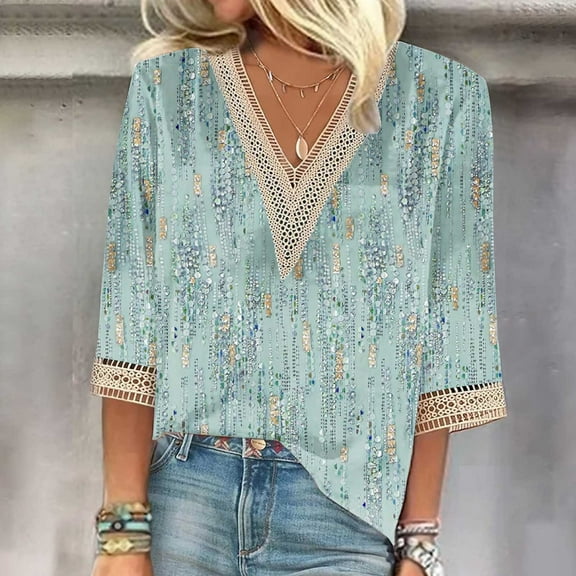 QUNYINEY Green Shirts for Women Trendy Casual Floral 3/4 Sleeve V-Neck Tops Pullover Lace Loose Drop Shoulder T-Shirts