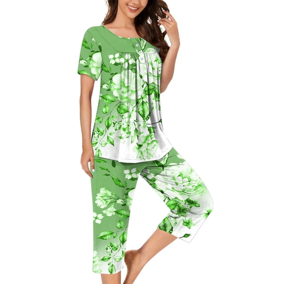 QUNYINEY Green Womens Pajamas Set 2 Piece Floral Button Soft Short Sleeve Sleepwear and Capri Pants Round Neck Loungewear Sets Woman