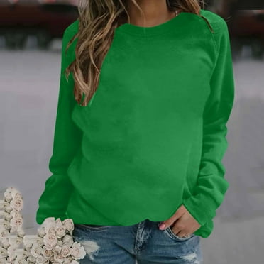 QUNYINEY Green Womens Sweatshirts Solid Long Sleeve Casual Crew Neck Tops Pullover Loose Drop Shoulder Sweatshirts