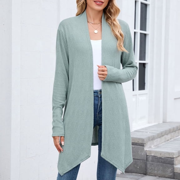 QUNYINEY Green Womens Winter Coat Mid-Length Cardigan Overcoat Knit Long Sleeve Lightweight Loose Fit Jackets for Women Trendy