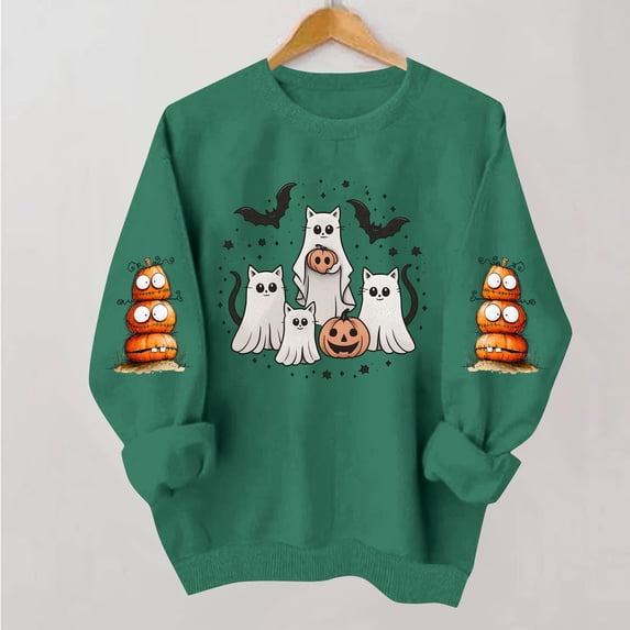 QUNYINEY Halloween Sweatshirts for Women Plus Size Cute Ghost Pullover Crew Neck Pumpkin Tops Long Sleeve Fall Graphic Loose Fit Sweatshirts