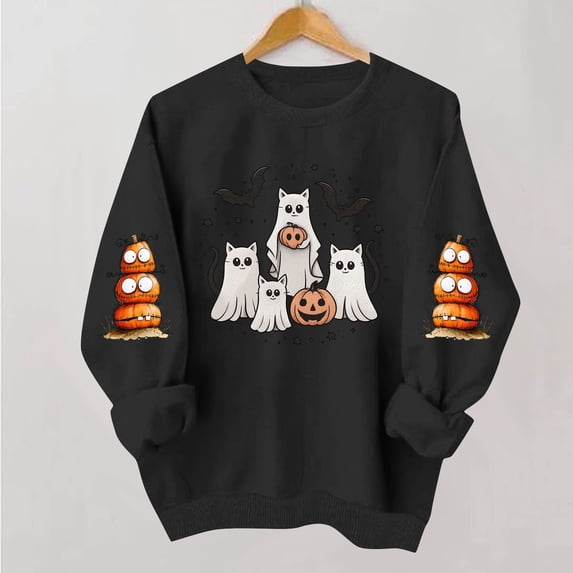 QUNYINEY Halloween Women Sweatshirt Crew Neck Pumpkin Cute Ghost Pullover Tops Fall Loose Fit Graphic Long Sleeve Sweatshirts