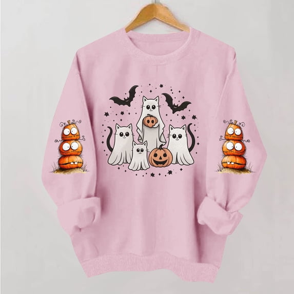 QUNYINEY Halloween Women's Sweatshirt Pullover Crew Neck Cute Ghost Pumpkin Tops Loose Fit Fall Long Sleeve Graphic Sweatshirts