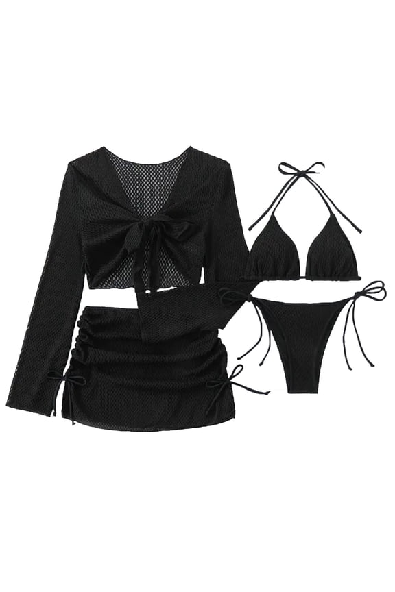 Halter Womens Bikini Black Mesh High Waisted 4 Piece Bathing Suits Triangle Tie Side Women Swimsuit Sets